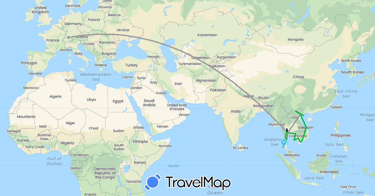 TravelMap itinerary: driving, bus, plane, boat in Switzerland, Cambodia, Thailand, Vietnam (Asia, Europe)